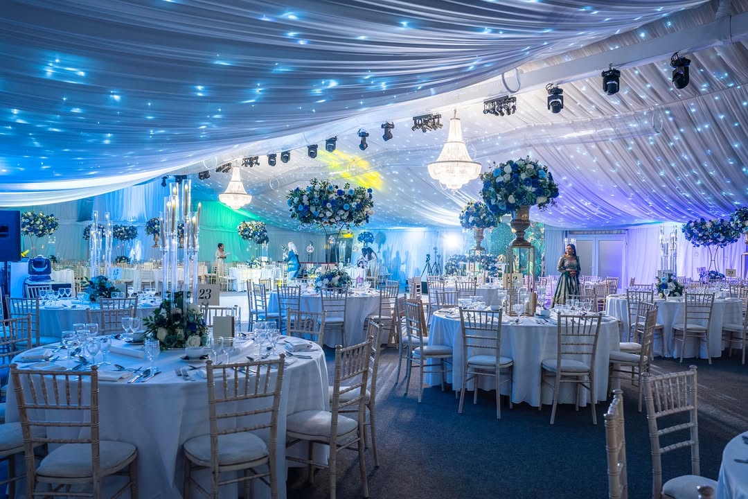 Grand reception hall with blue lighting